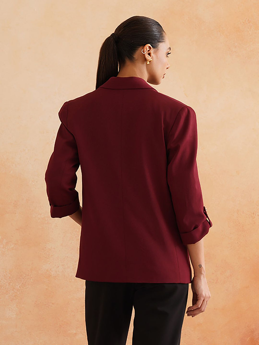 Maroon Single Breasted Notched Lapel Blazers Beatnik