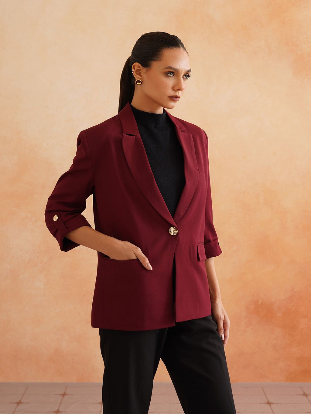 Maroon Single Breasted Notched Lapel Blazers Beatnik
