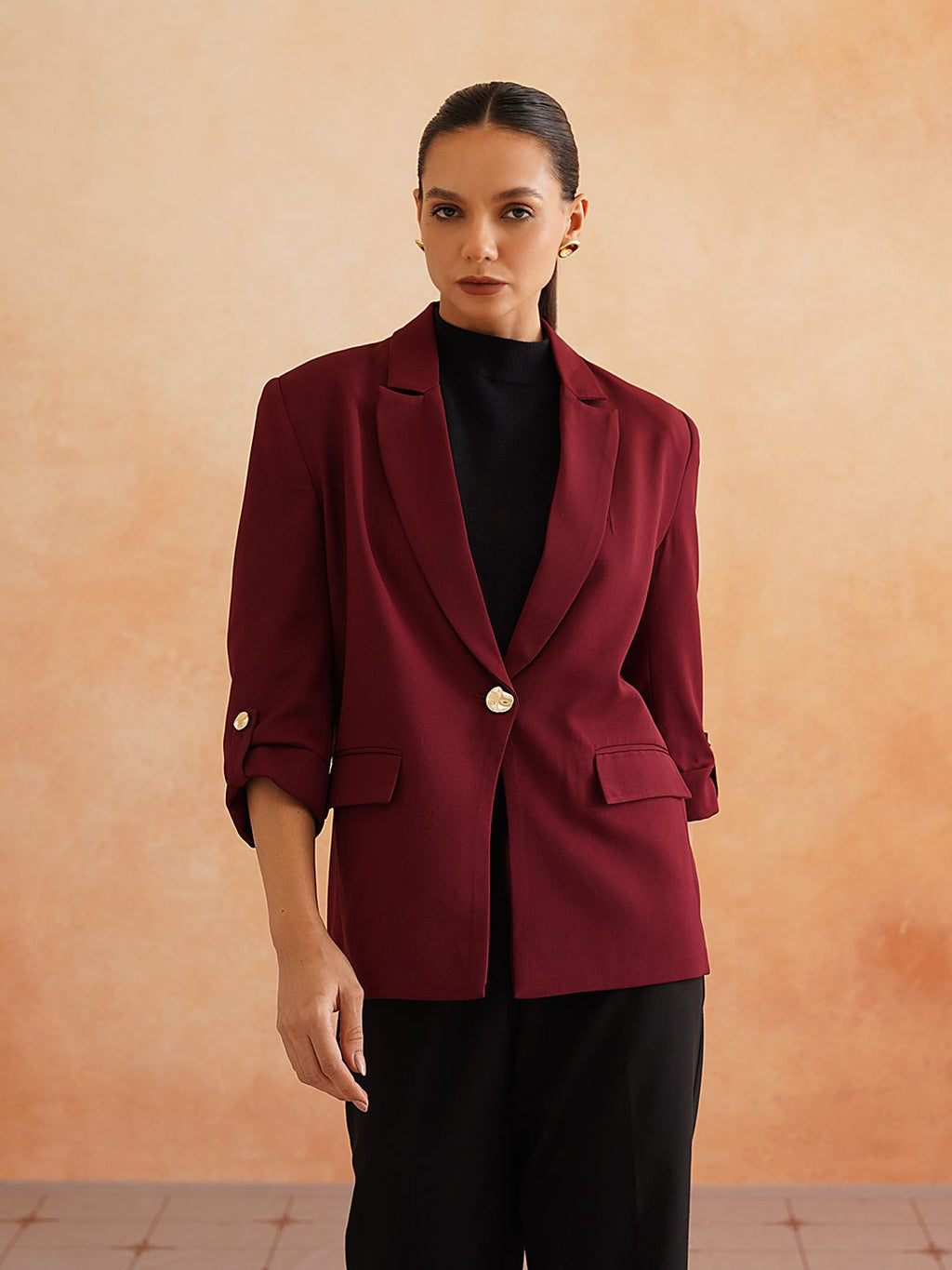 Maroon Single Breasted Notched Lapel Blazers Beatnik