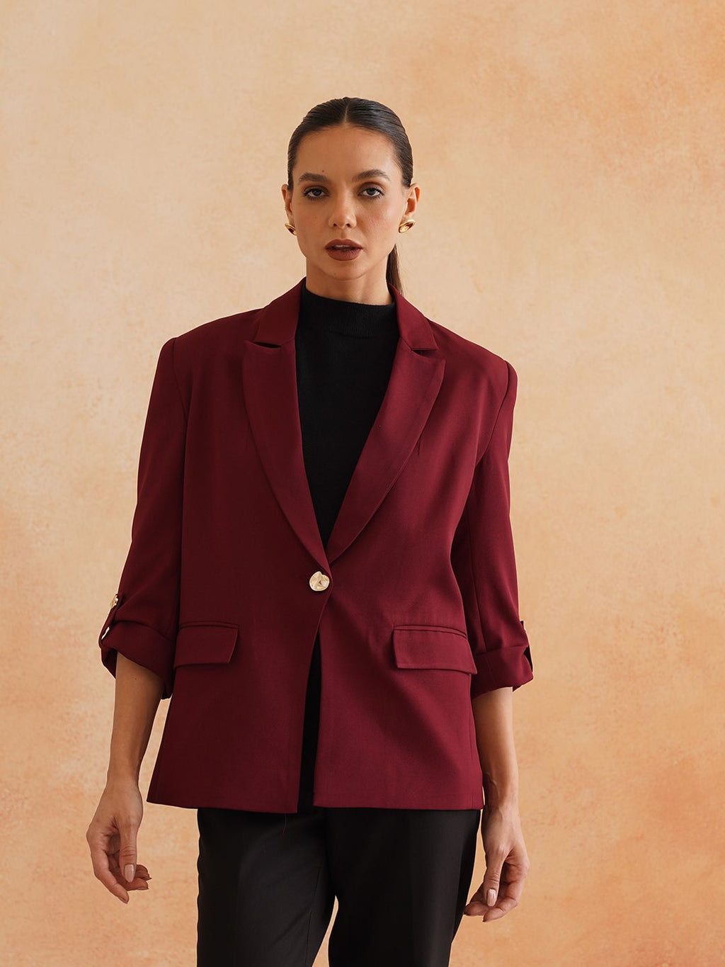 Maroon Single Breasted Notched Lapel Blazers Beatnik