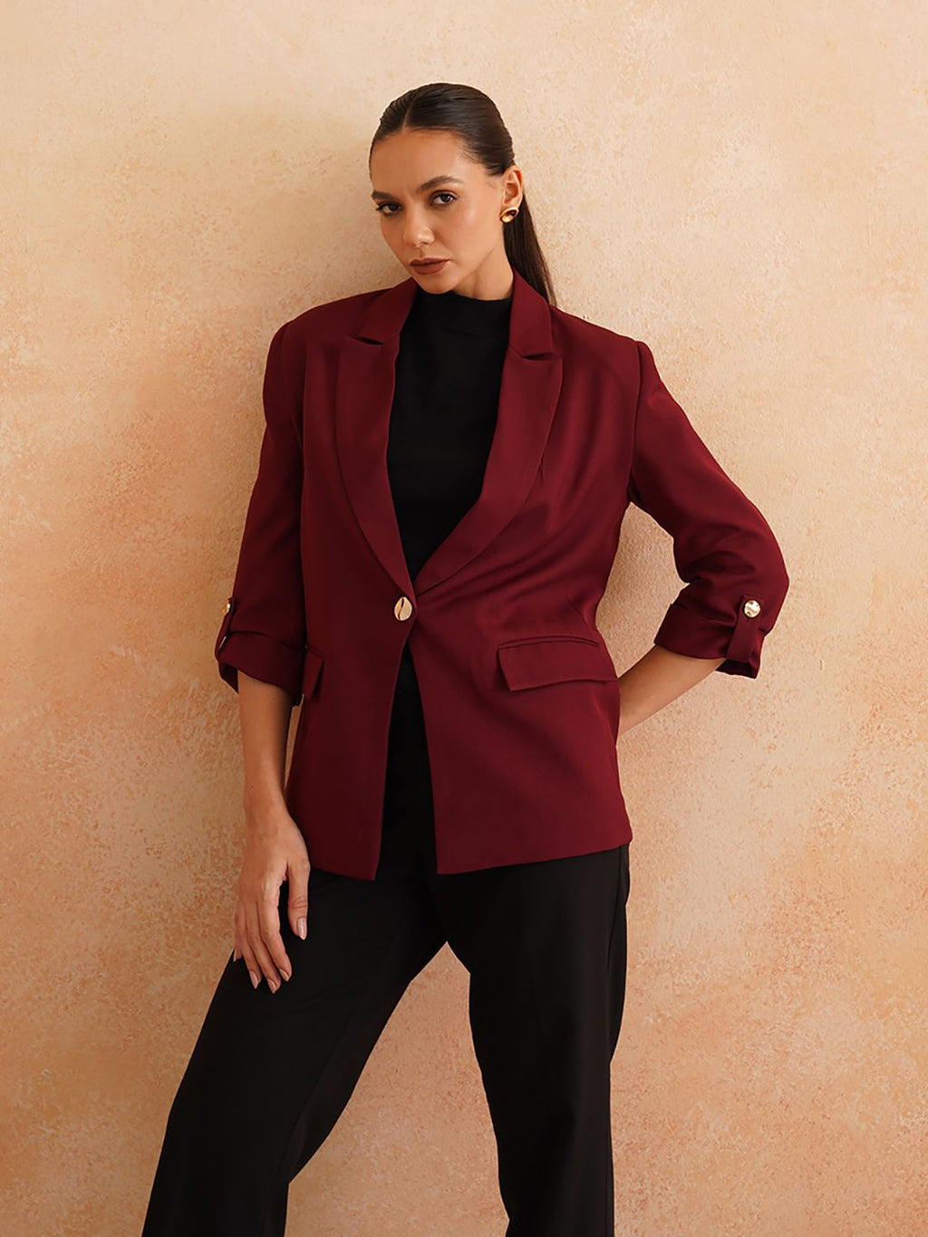 Maroon Single Breasted Notched Lapel Blazers Beatnik