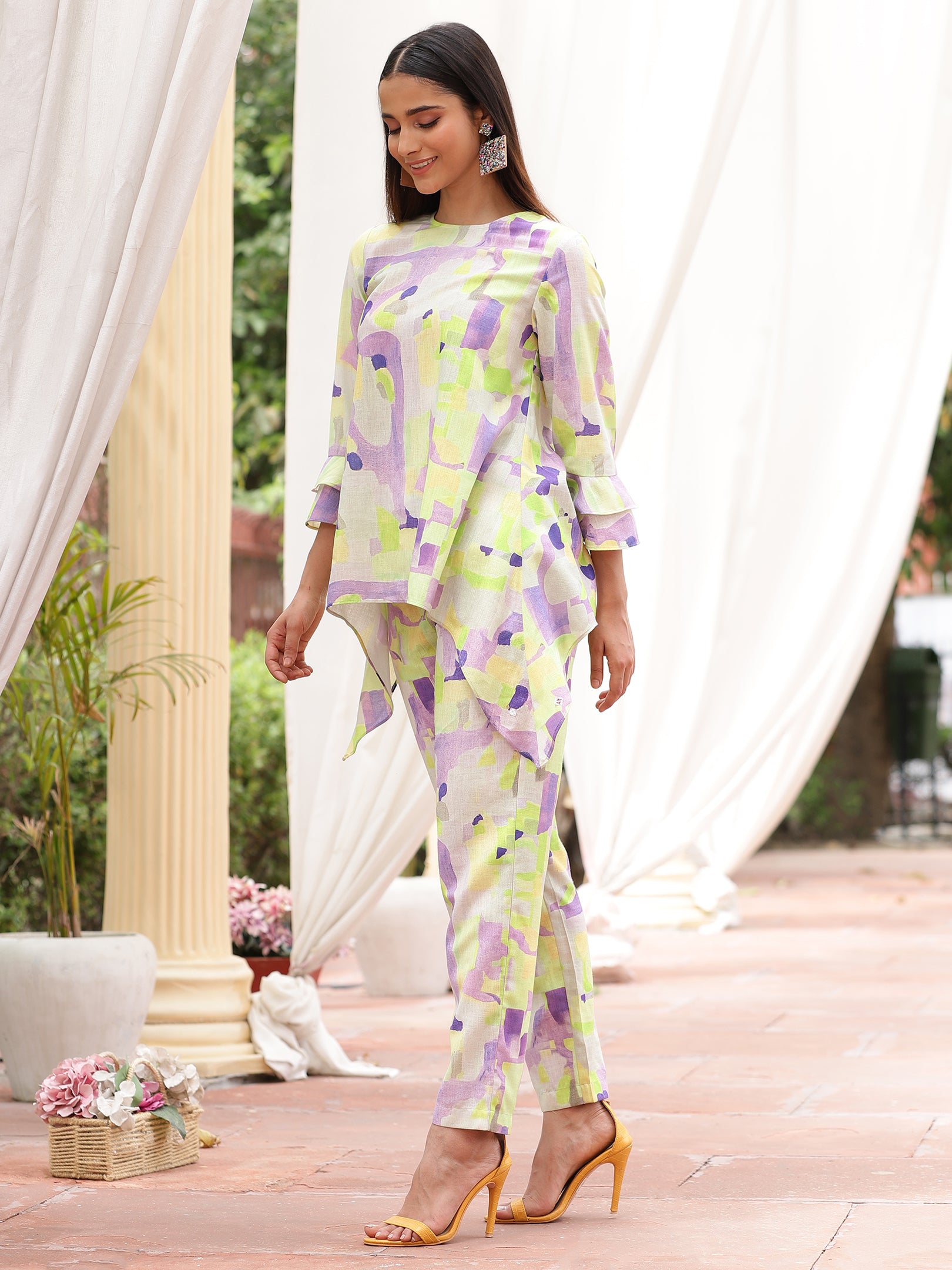 Abstract Print Linen High Low Top Coord Set Beatnik India