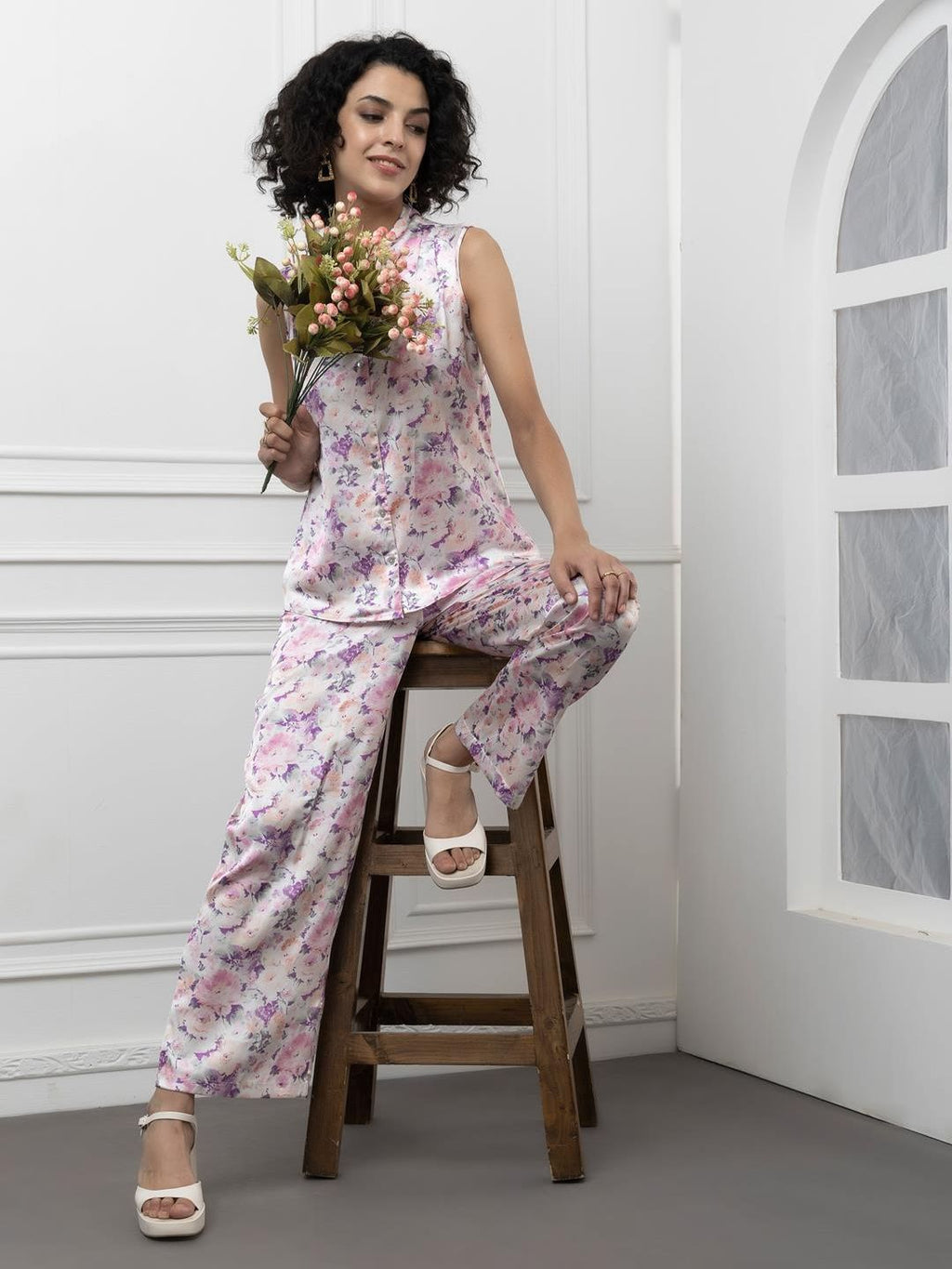 Sleeveless Satin Coord Set with Floral Print Beatnik India