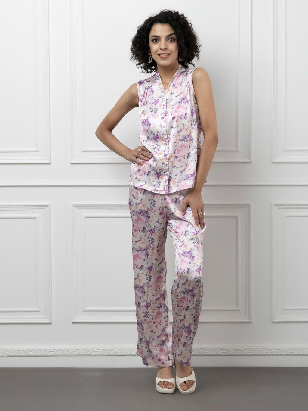 Sleeveless Satin Coord Set with Floral Print Beatnik India