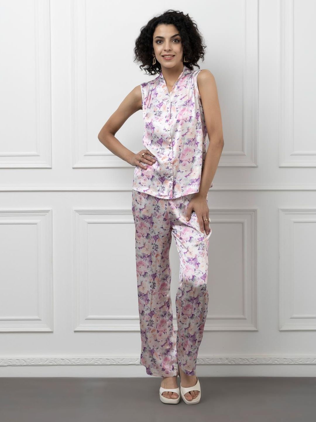 Sleeveless Satin Coord Set with Floral Print Beatnik India