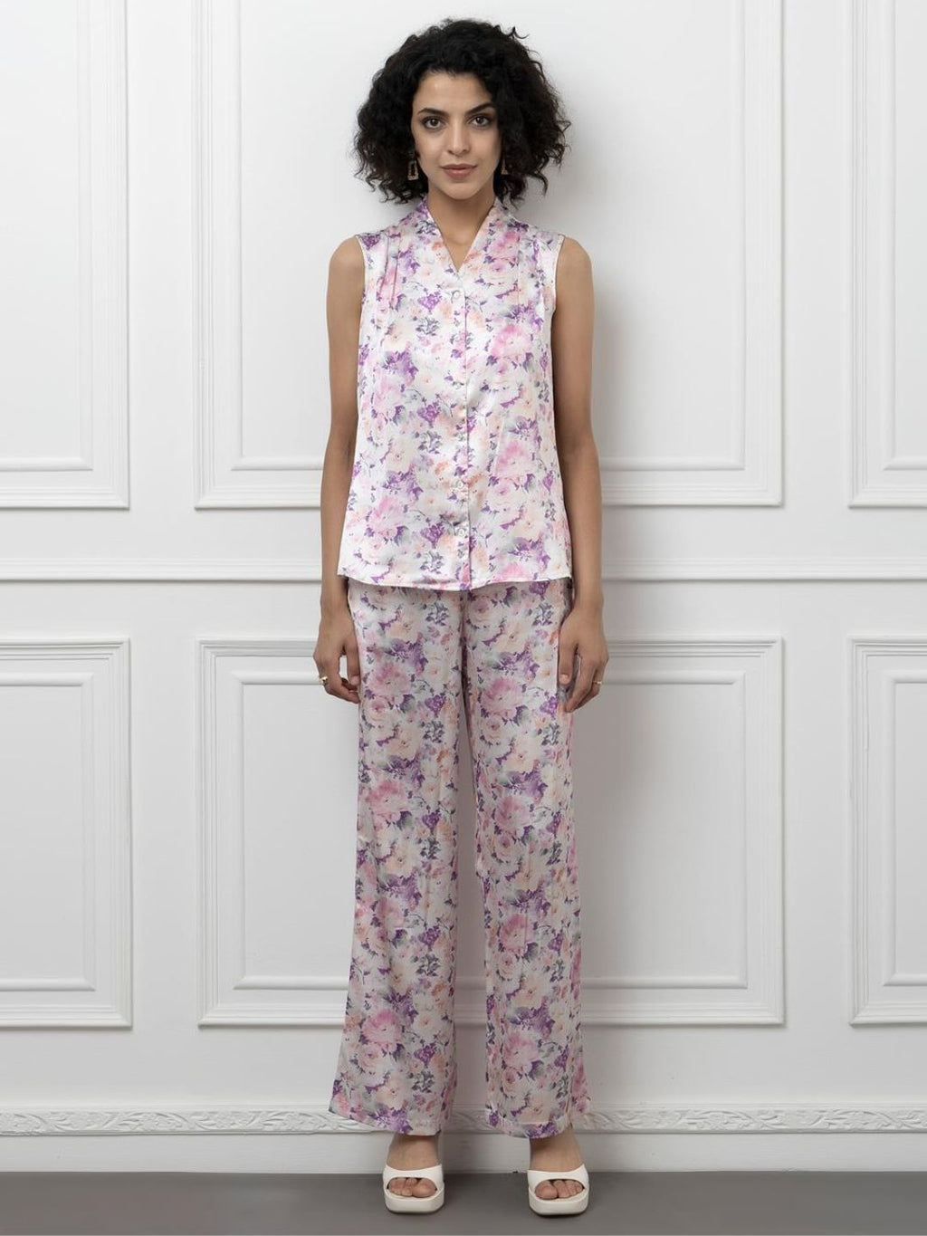 Sleeveless Satin Coord Set with Floral Print Beatnik India