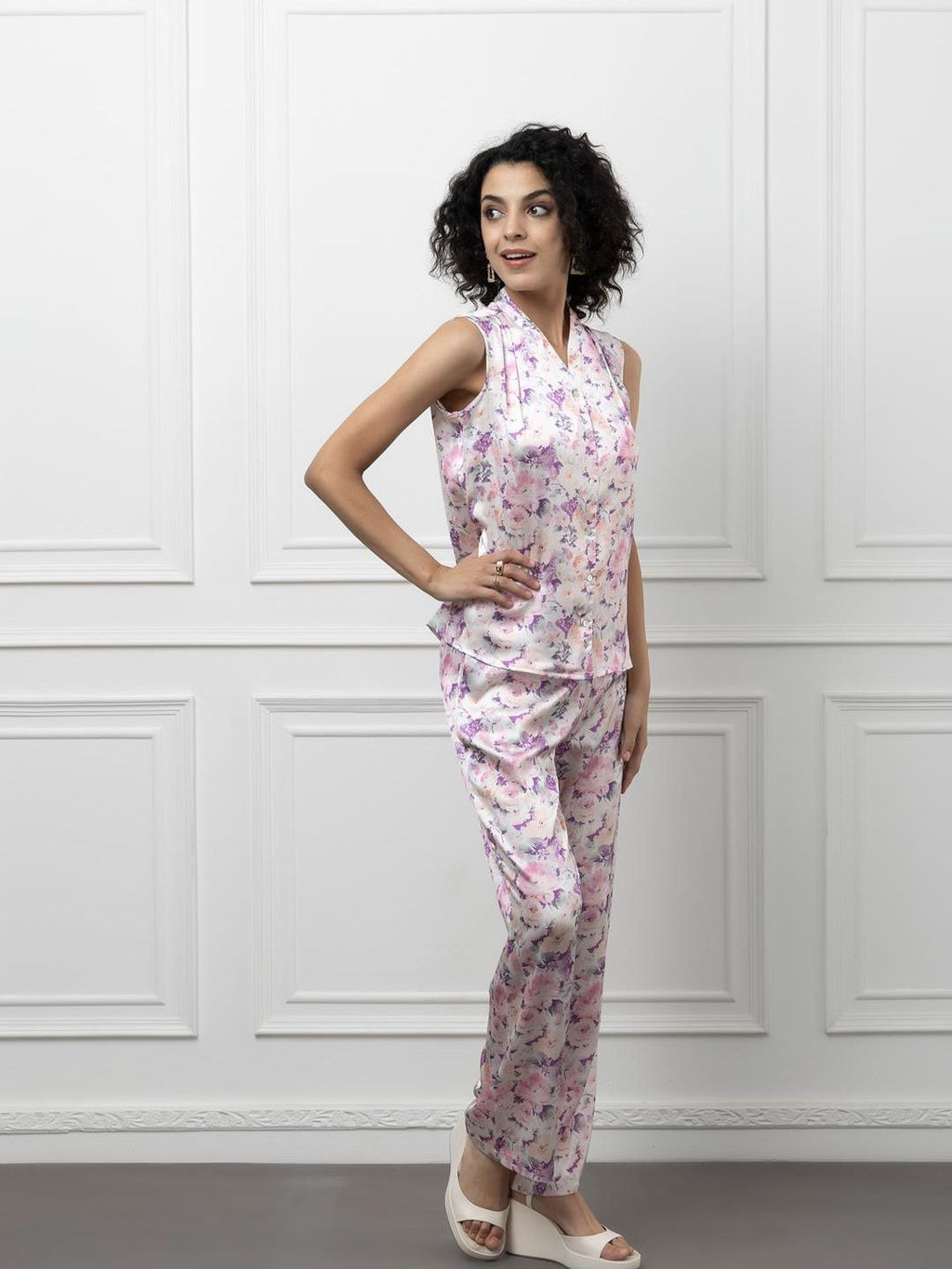 Sleeveless Satin Coord Set with Floral Print Beatnik India