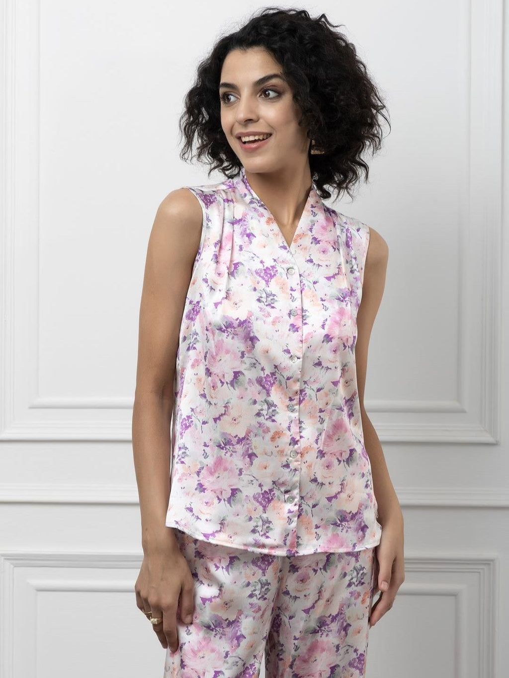 Sleeveless Satin Coord Set with Floral Print Beatnik India