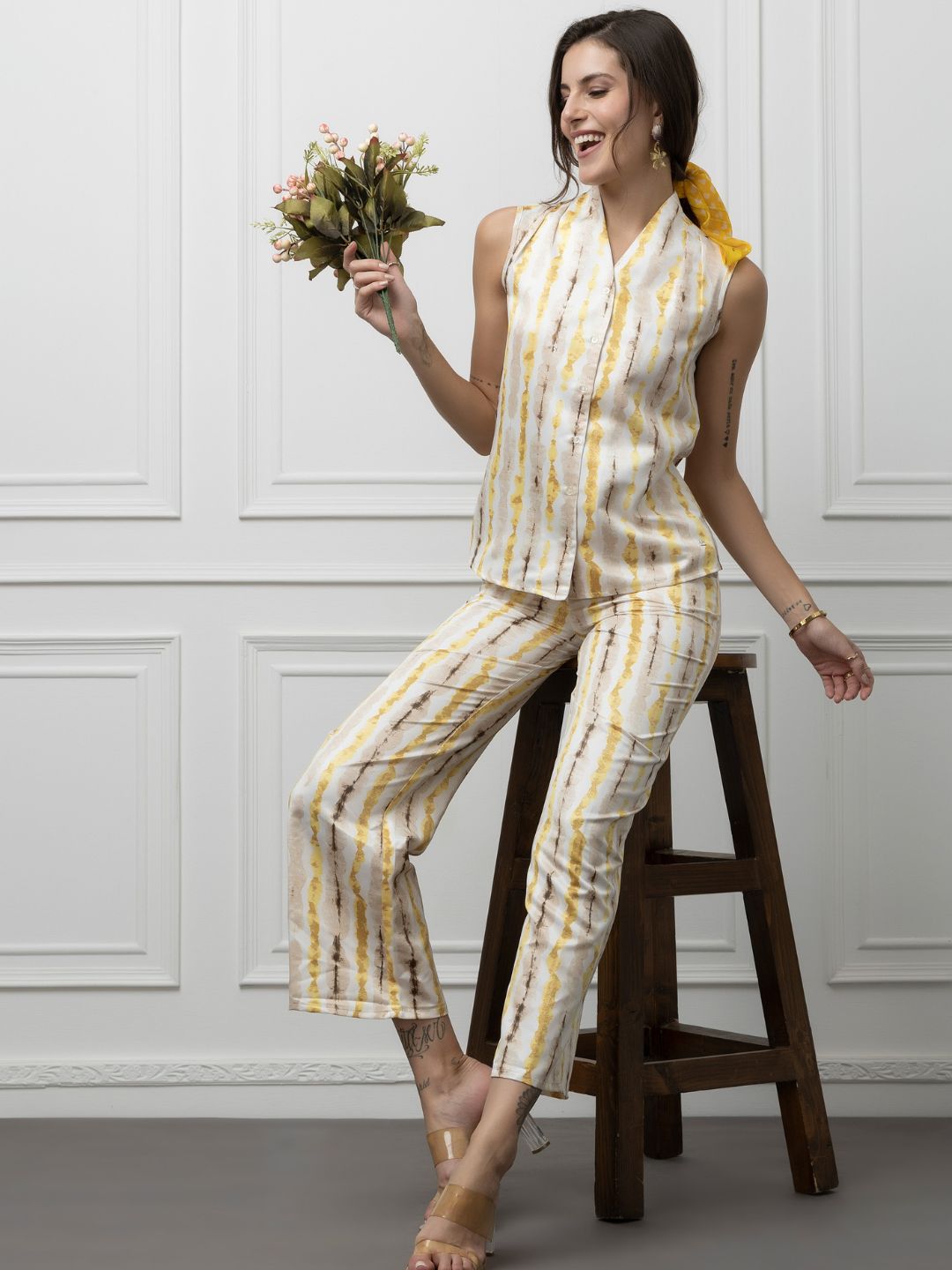 Sleeveless Crepe and Satin Coord Set with Vertical Print Beatnik India