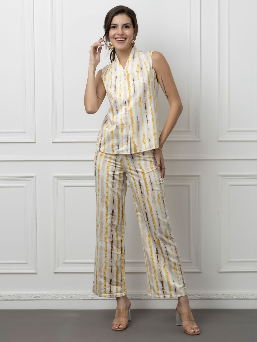 Sleeveless Crepe and Satin Coord Set with Vertical Print Beatnik India