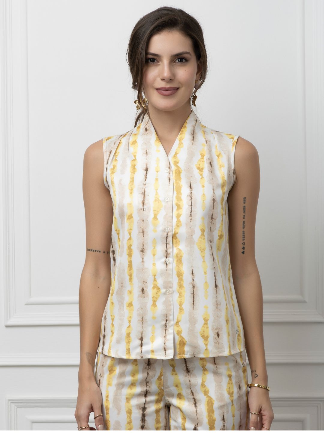 Sleeveless Crepe and Satin Coord Set with Vertical Print Beatnik India