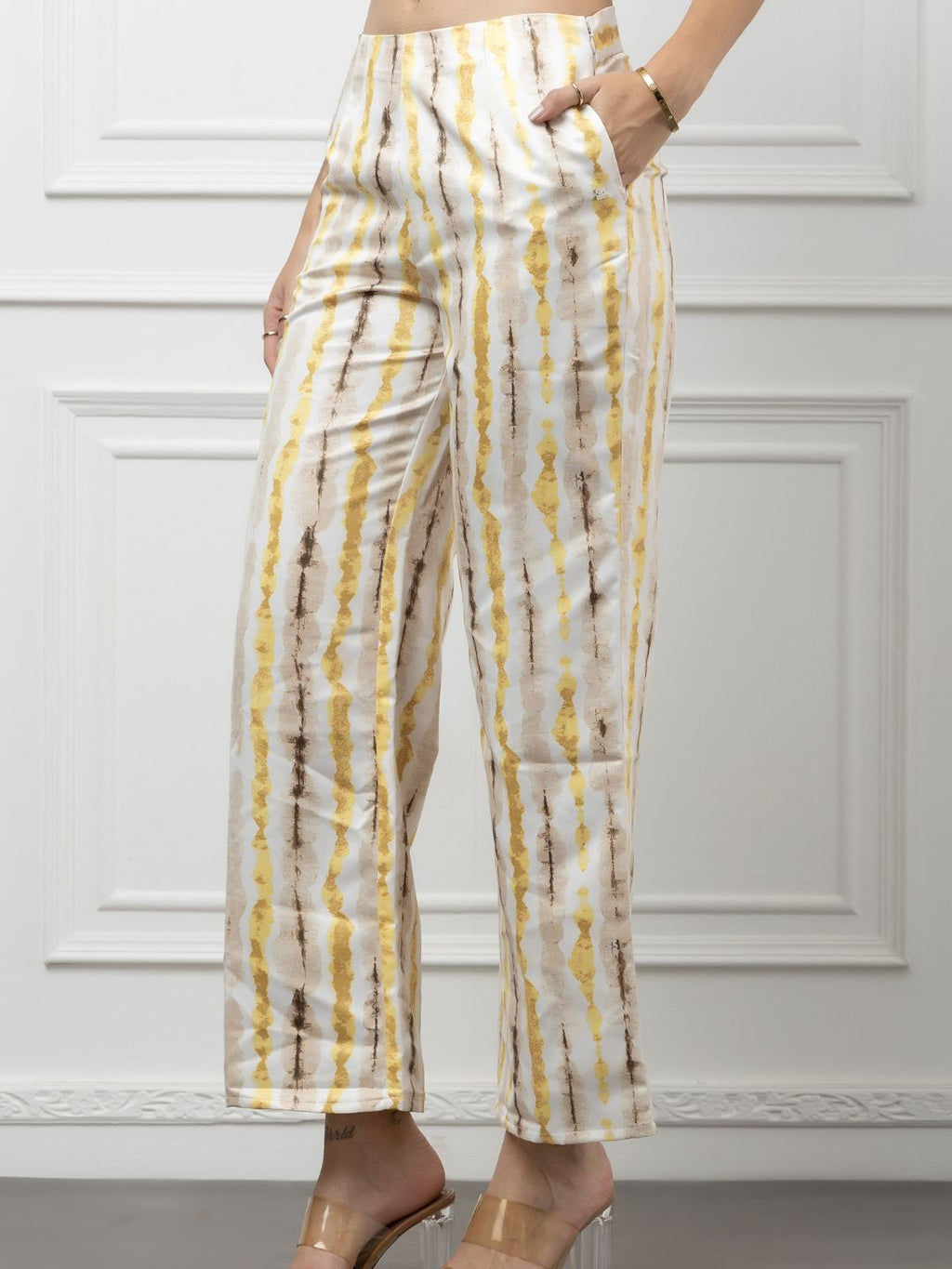 Sleeveless Crepe and Satin Coord Set with Vertical Print Beatnik India