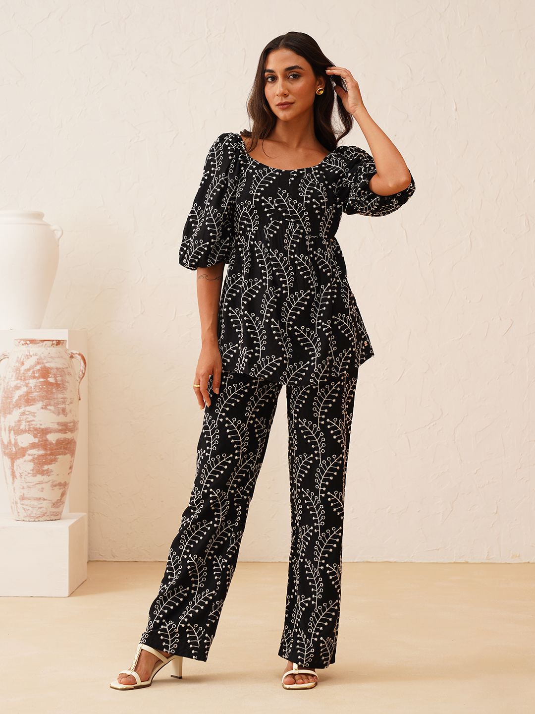 Beatnik Black Top & Pants Schiffli  Womens Coords Beatnik