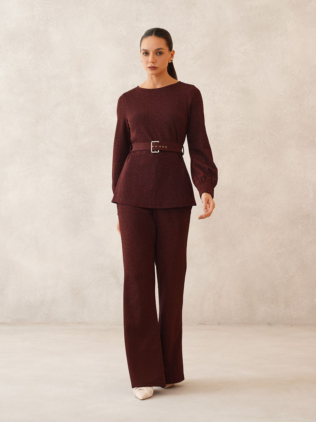 Maroon Cuffed Sleeves 2 Piece Co-ord Set