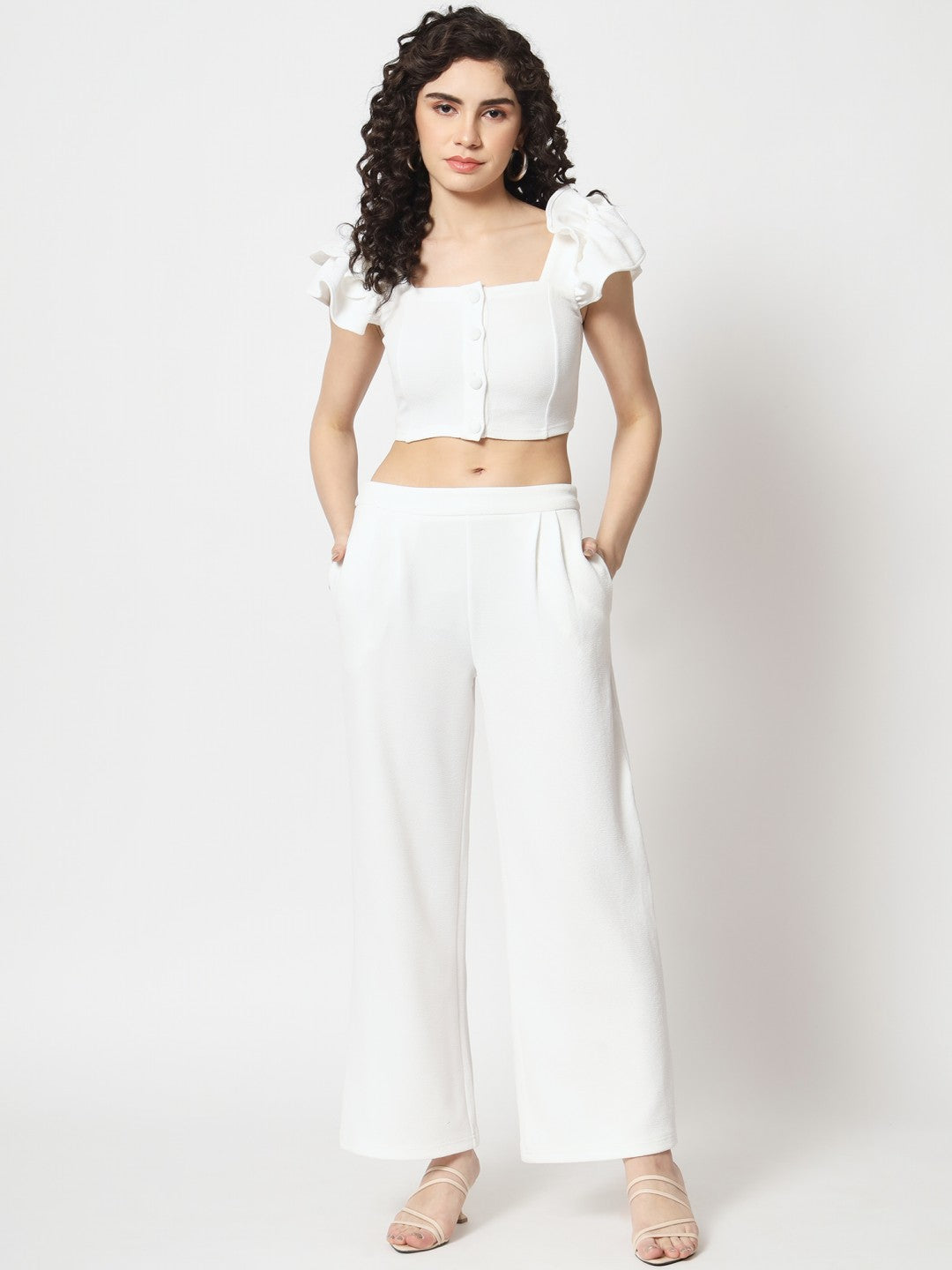 Beatnik Polyester Fitted Half Sleeve Self White Womens Coords Beatnik India