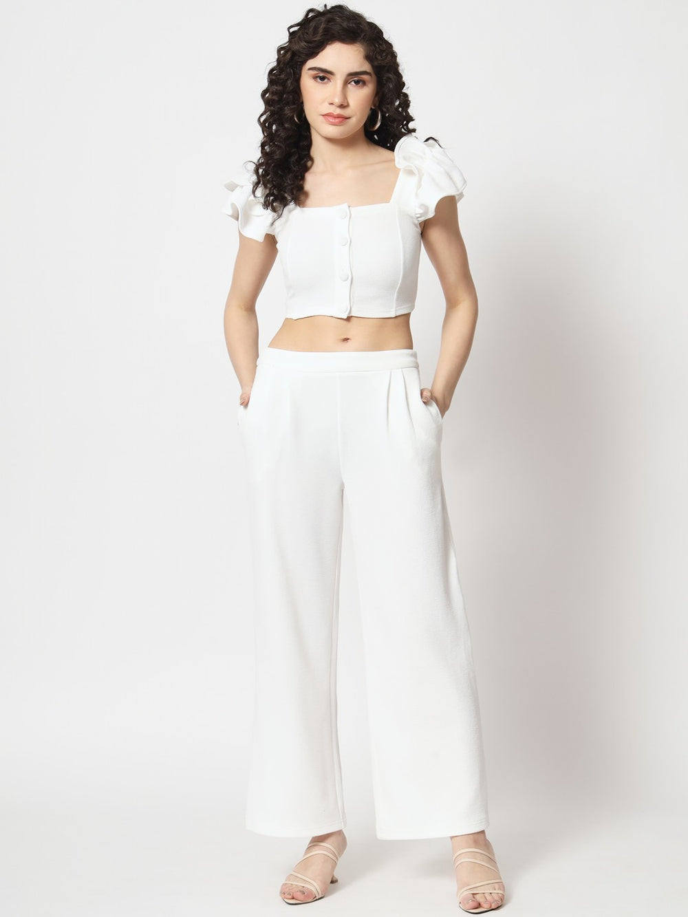 Beatnik Polyester Fitted Half Sleeve Self White Womens Coords Beatnik India