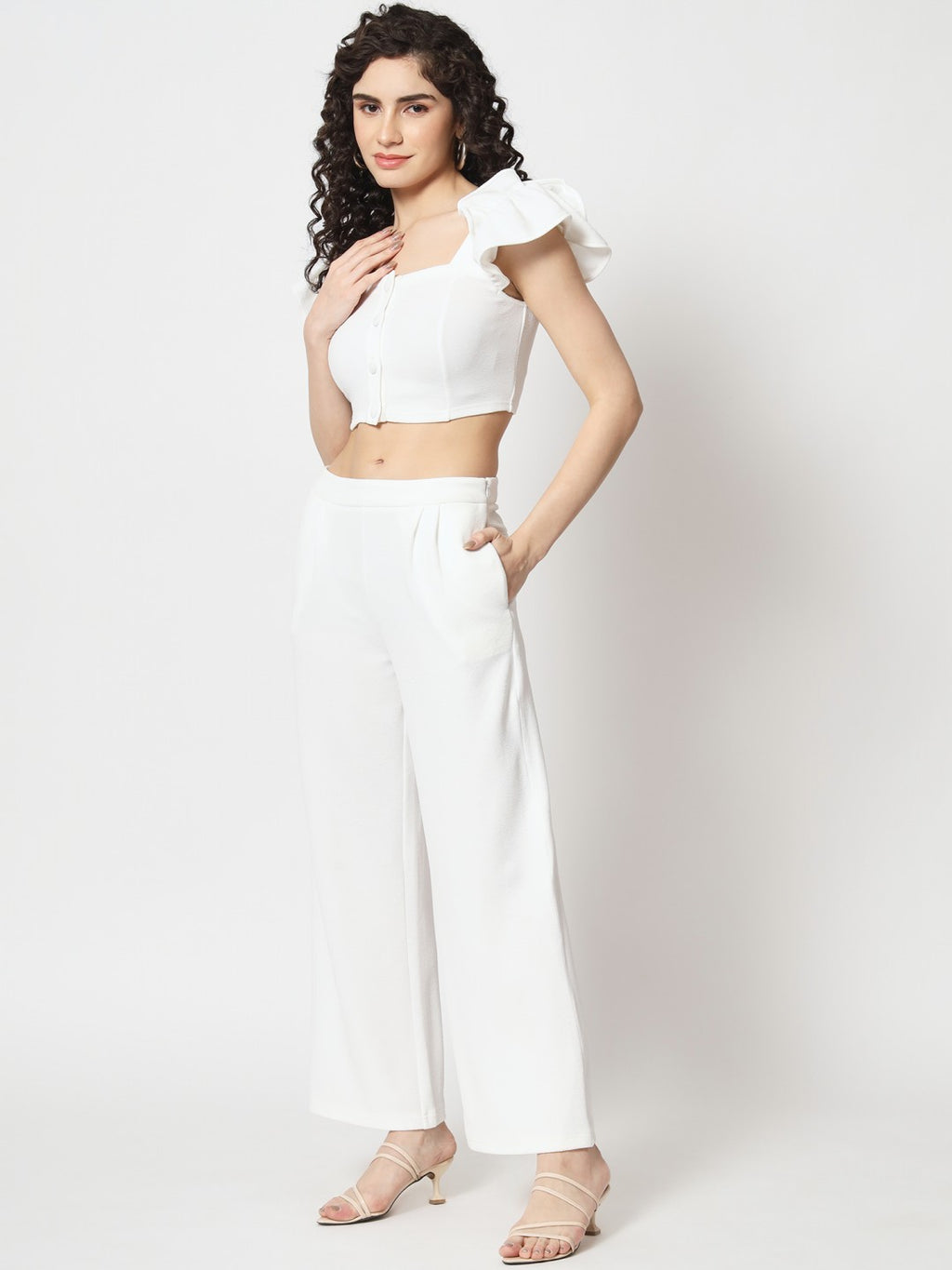 Beatnik Polyester Fitted Half Sleeve Self White Womens Coords Beatnik India