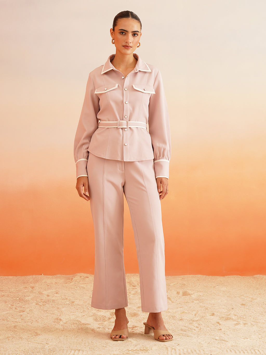 Cuffed Sleeves Full-Length High Rise Bottom Onion Pink Co-ords Beatnik India