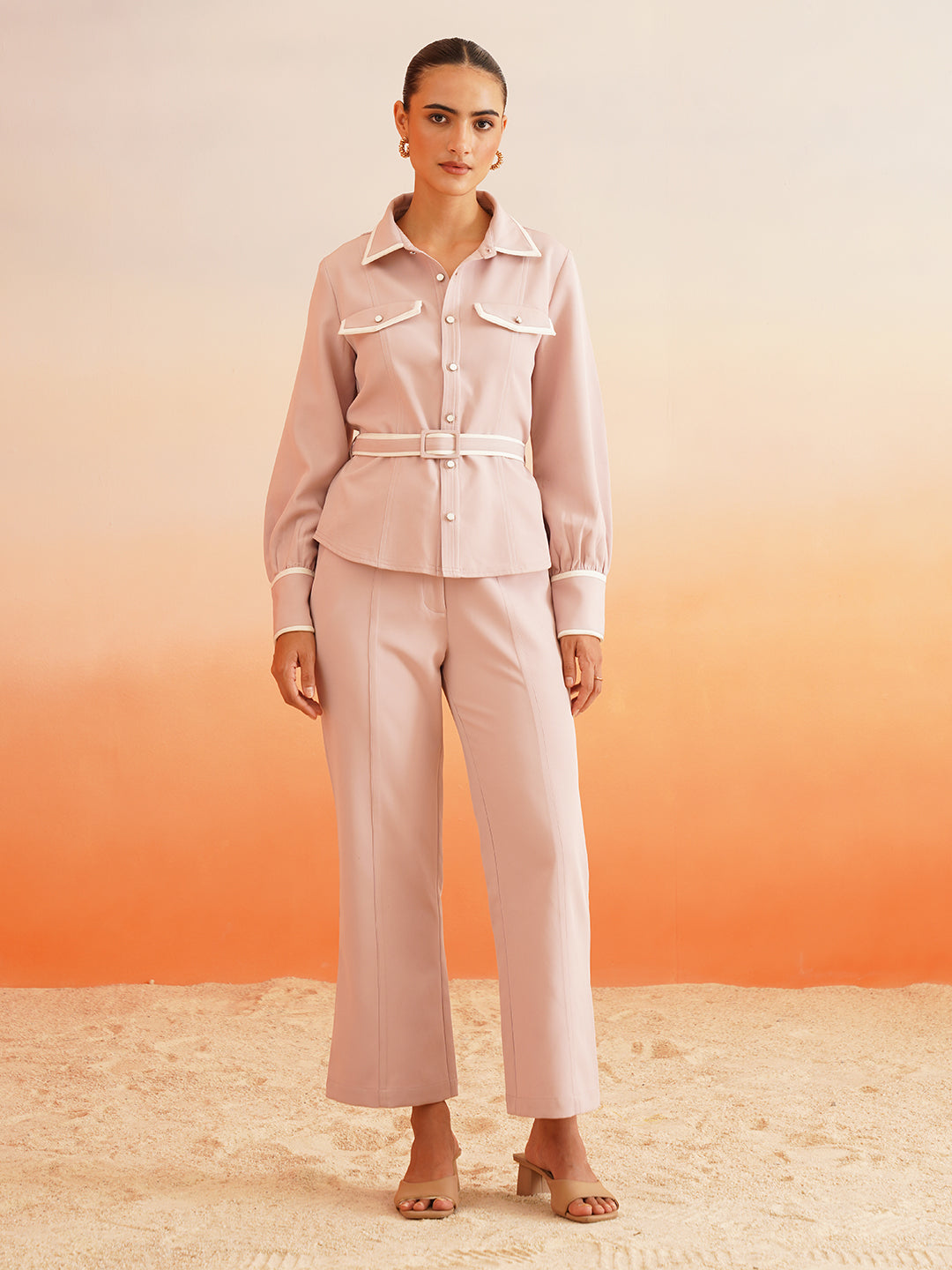 Cuffed Sleeves Full-Length High Rise Bottom Onion Pink Co-ords Beatnik India