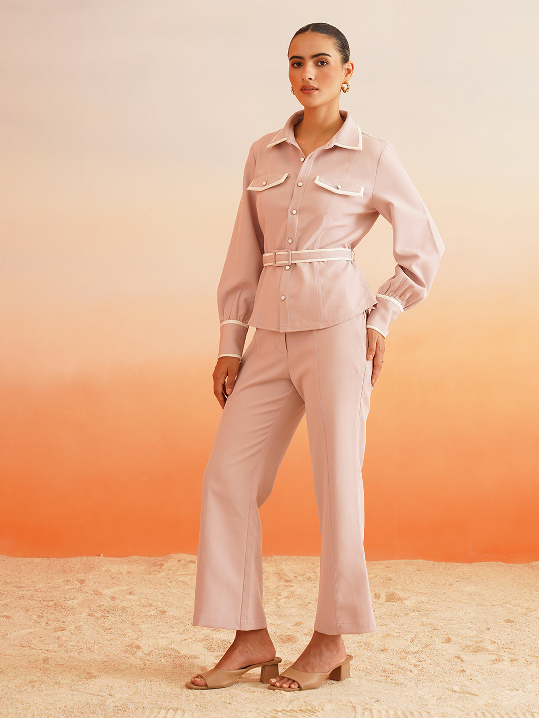 Cuffed Sleeves Full-Length High Rise Bottom Onion Pink Co-ords Beatnik India