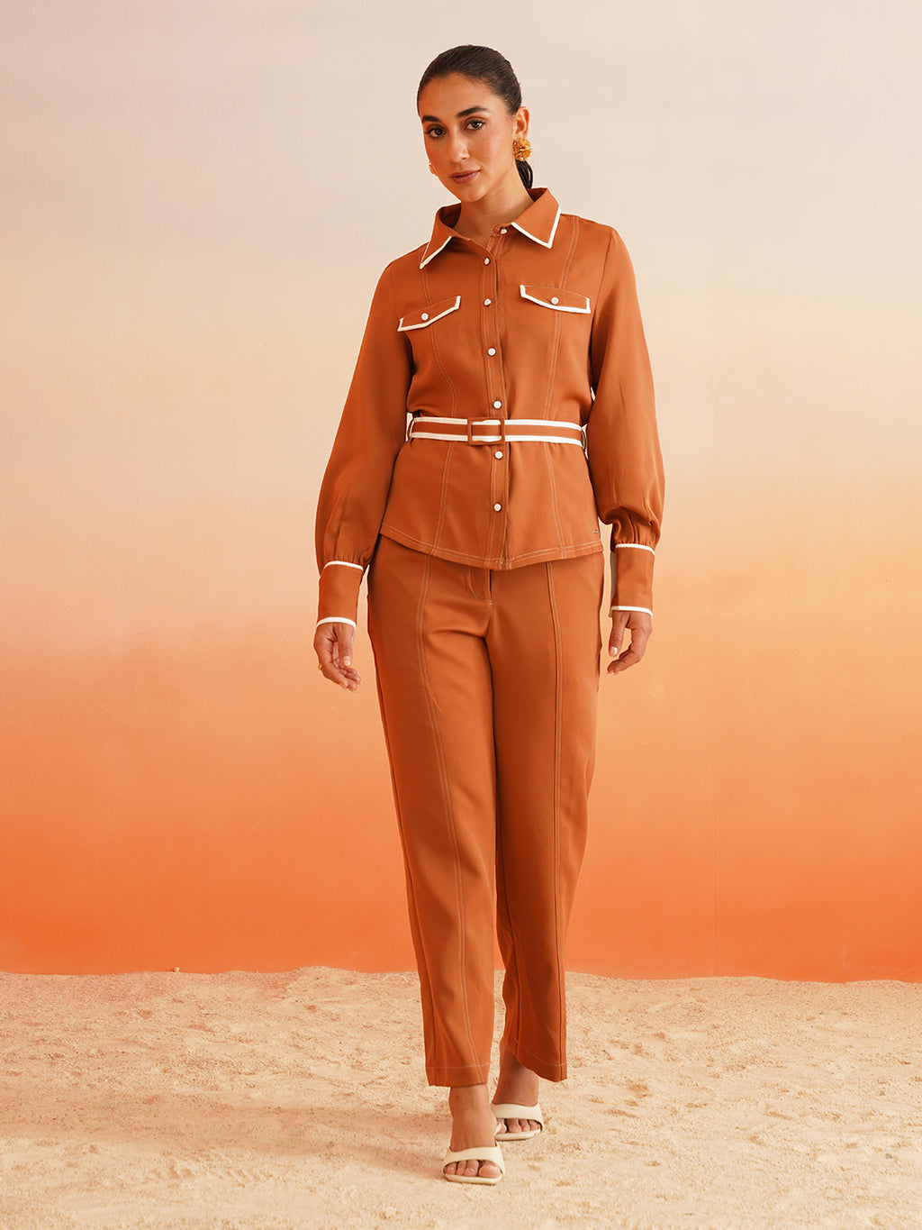 Cuffed Sleeves High Rise Bottom Sandy Brown Co-ords Beatnik India