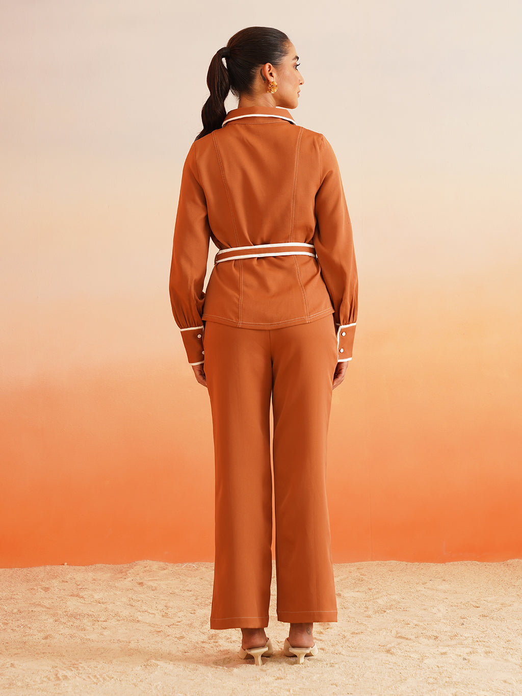 Cuffed Sleeves High Rise Bottom Sandy Brown Co-ords Beatnik India