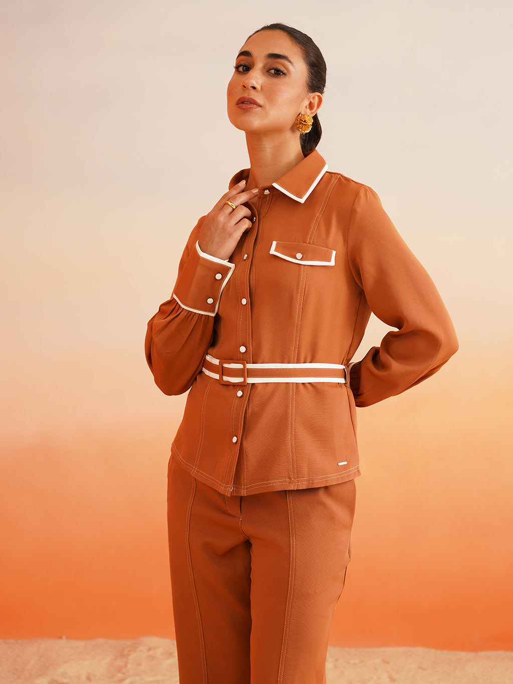 Cuffed Sleeves High Rise Bottom Sandy Brown Co-ords Beatnik India