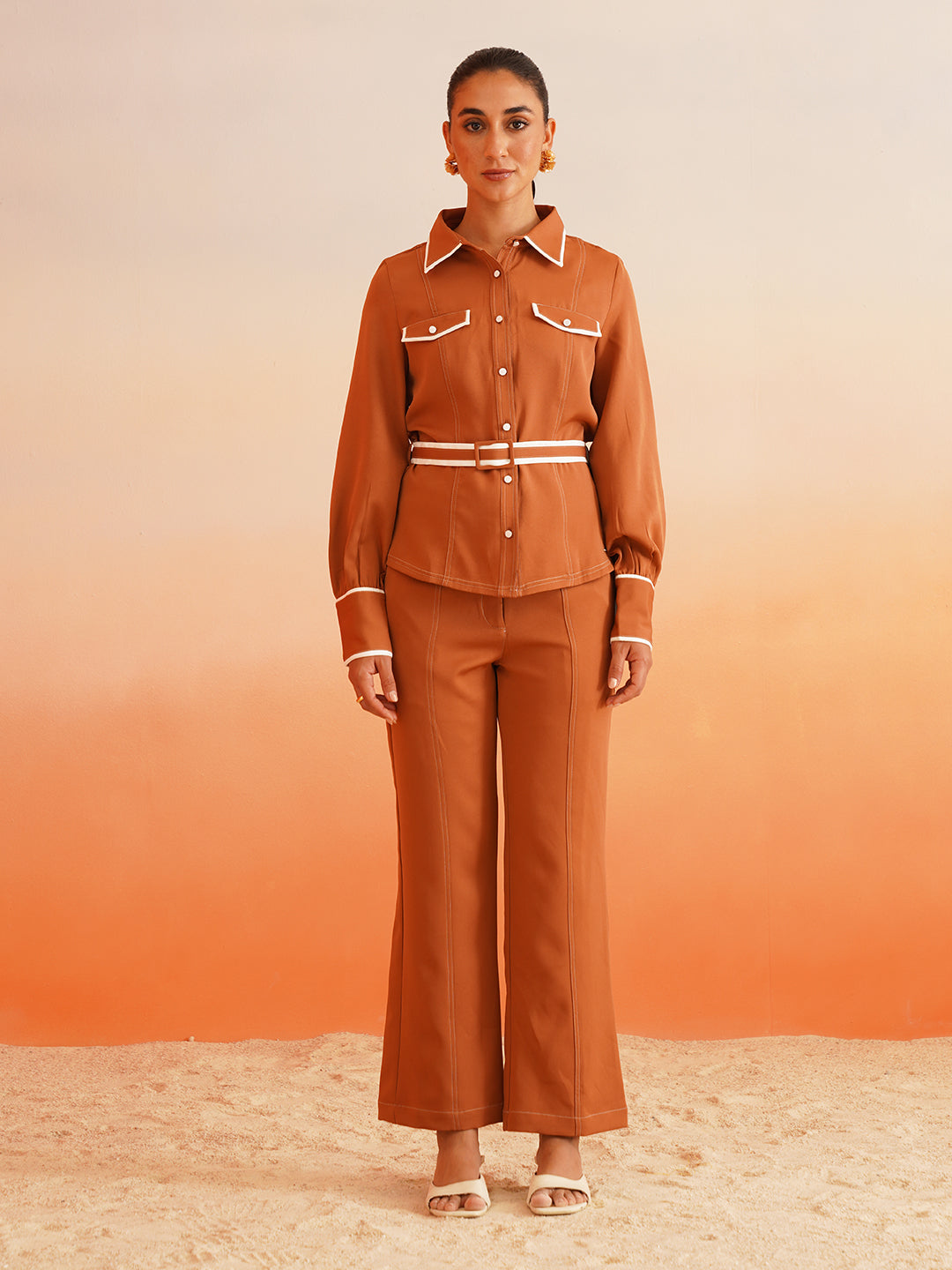 Cuffed Sleeves High Rise Bottom Sandy Brown Co-ords Beatnik India