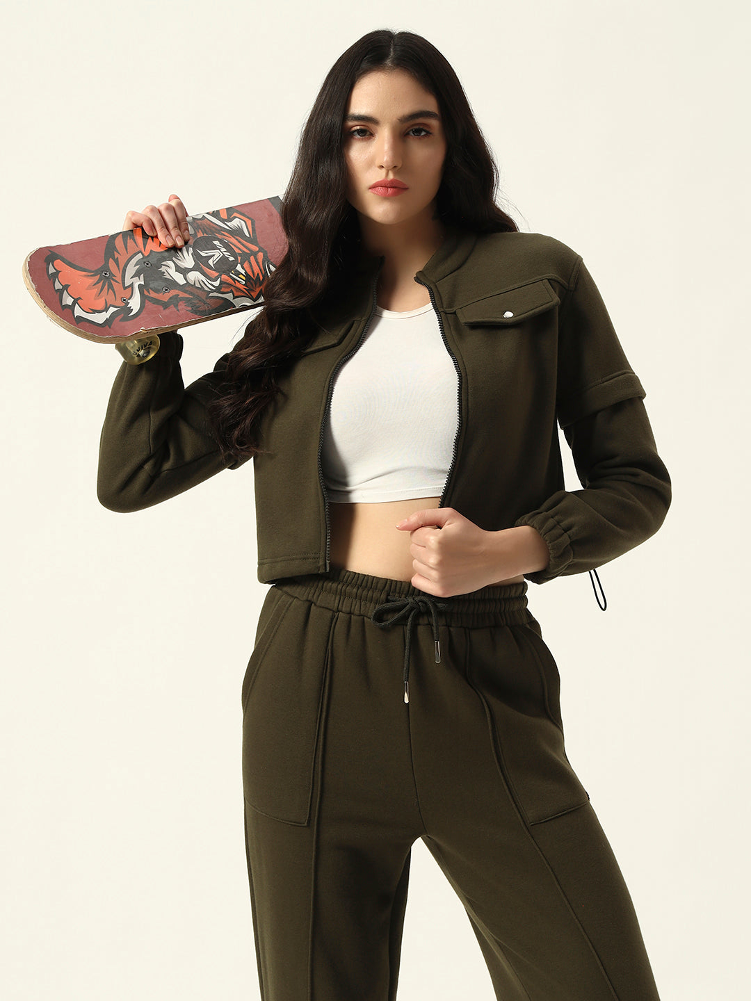 Olive Green Two Piece Women Coord Set