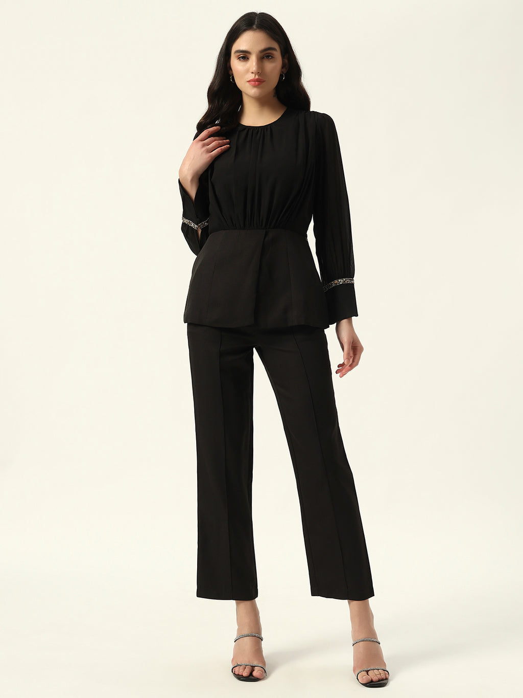 Crepe Bishop Sleeve Black Peplum Coord