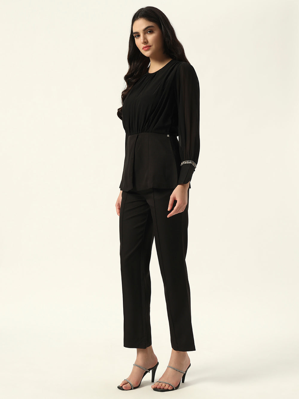 Crepe Bishop Sleeve Black Peplum Coord