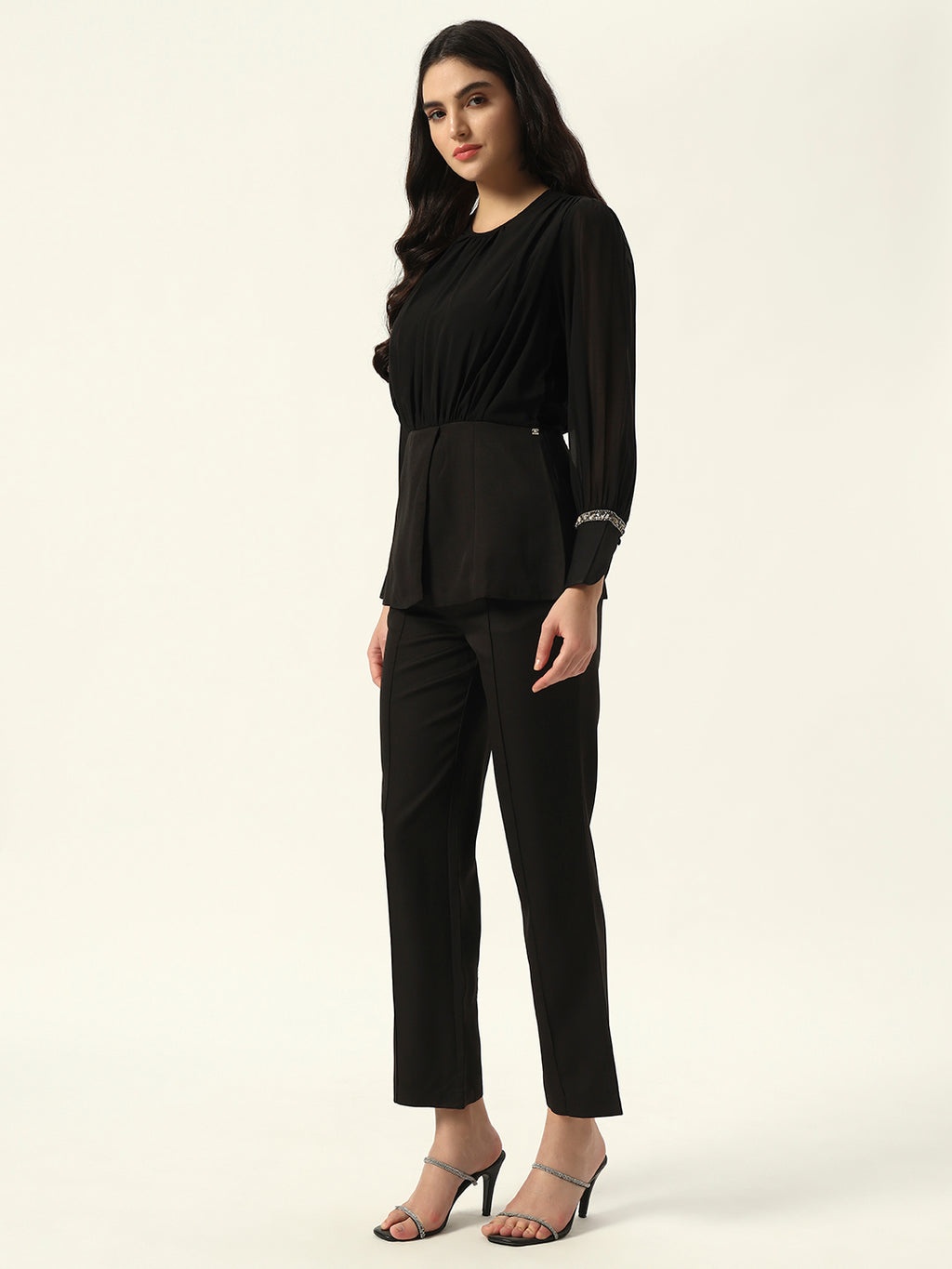 Crepe Bishop Sleeve Black Peplum Coord