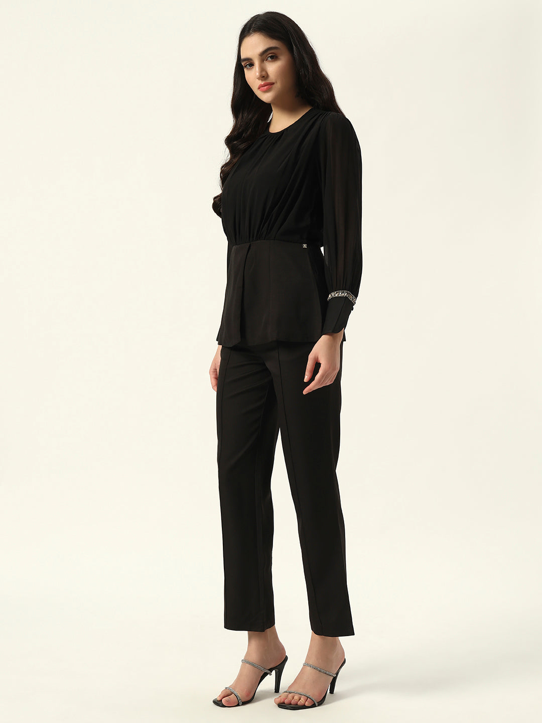 Crepe Bishop Sleeve Black Peplum Coord