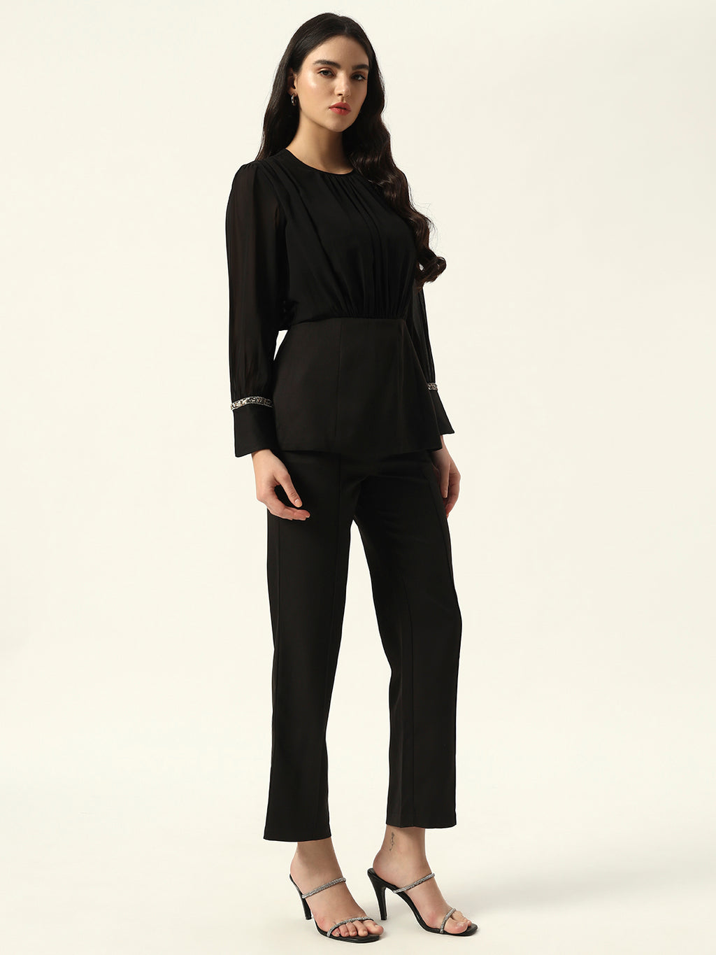 Crepe Bishop Sleeve Black Peplum Coord