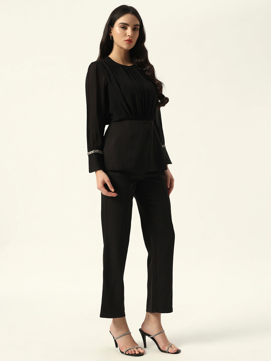 Crepe Bishop Sleeve Black Peplum Coord