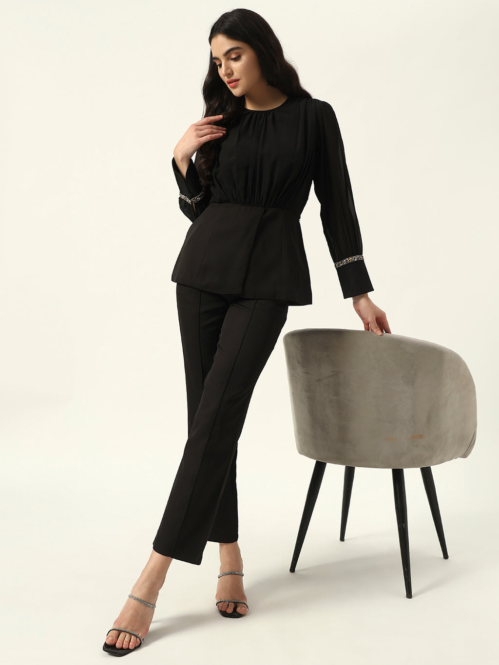 Crepe Bishop Sleeve Black Peplum Coord