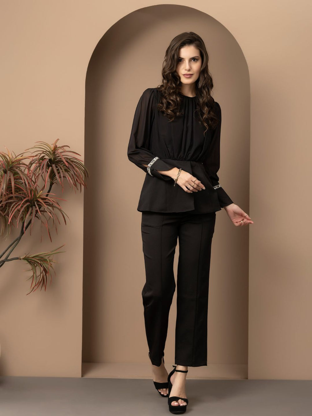 Beatnik Bishop Sleeve Black Peplum Coord Beatnik India