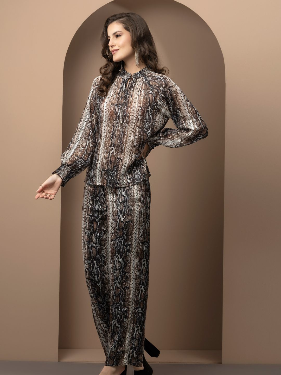 Chic 2-Piece Animal Print Georgette Coord Set with Satin Stripes Beatnik India