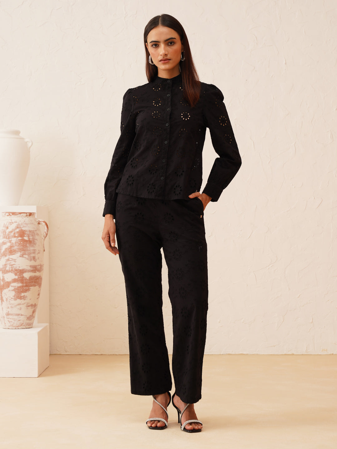 Beatnik Black Top & Pants Floral Schiffli Womens Coords Beatnik