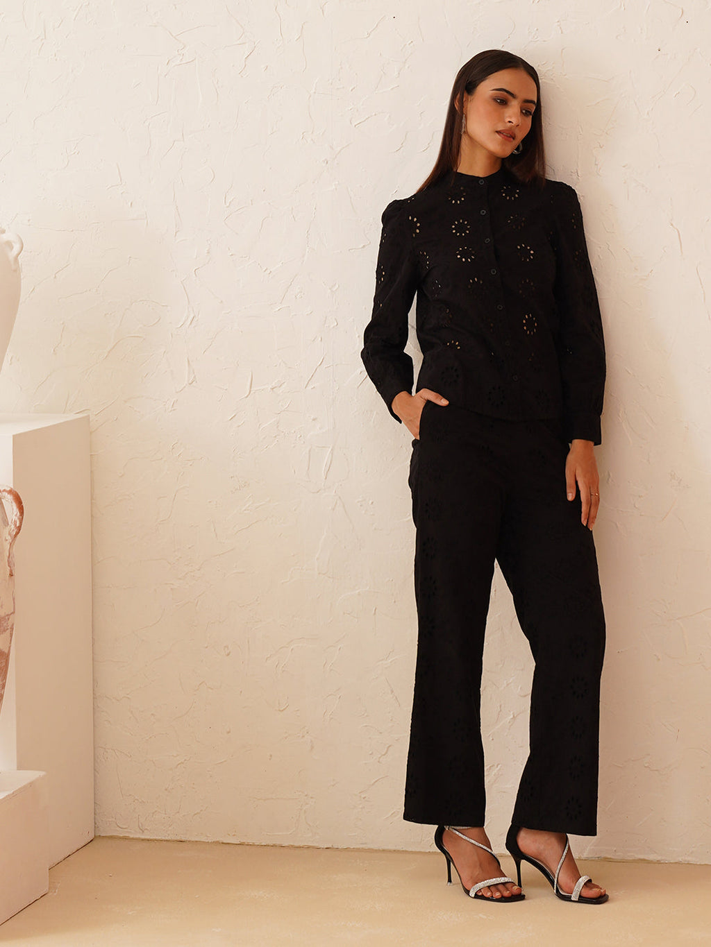 Black Top & Pants Floral Mandarin Collar Schiffli Women Coords