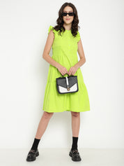 A-Line Solid Lime Green Dress in Cotton Poplin Beatnik India