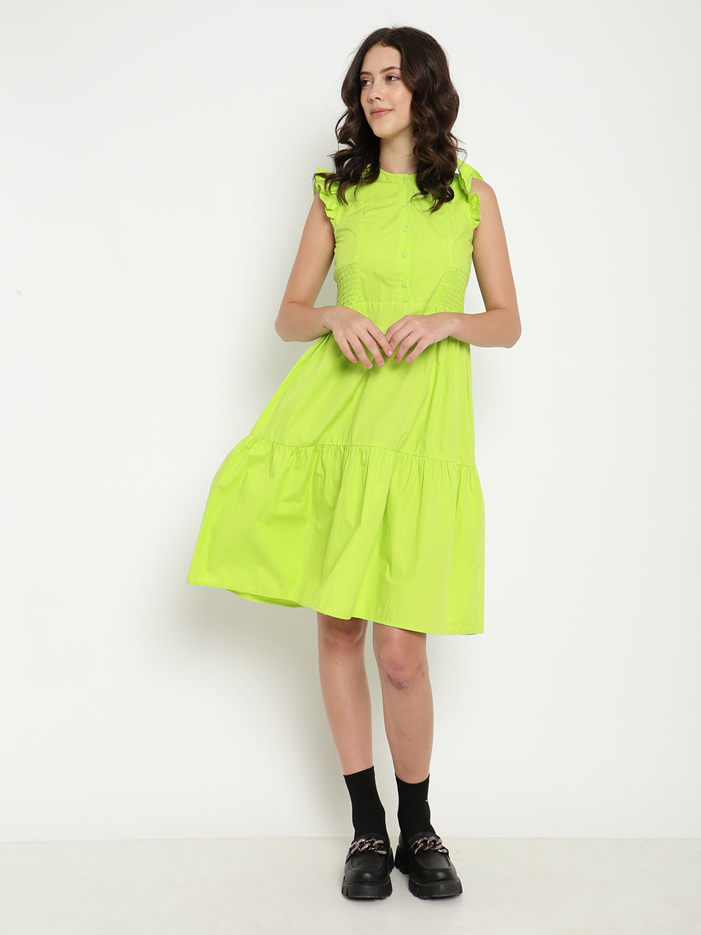 A-Line Solid Lime Green Dress in Cotton Poplin Beatnik India