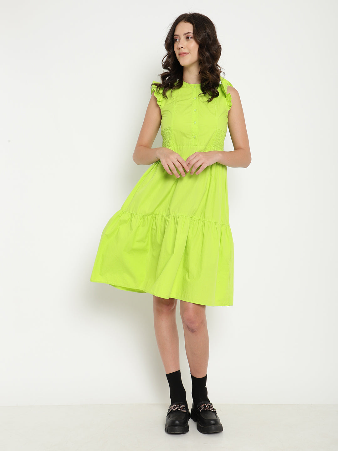 A-Line Solid Lime Green Dress in Cotton Poplin Beatnik India
