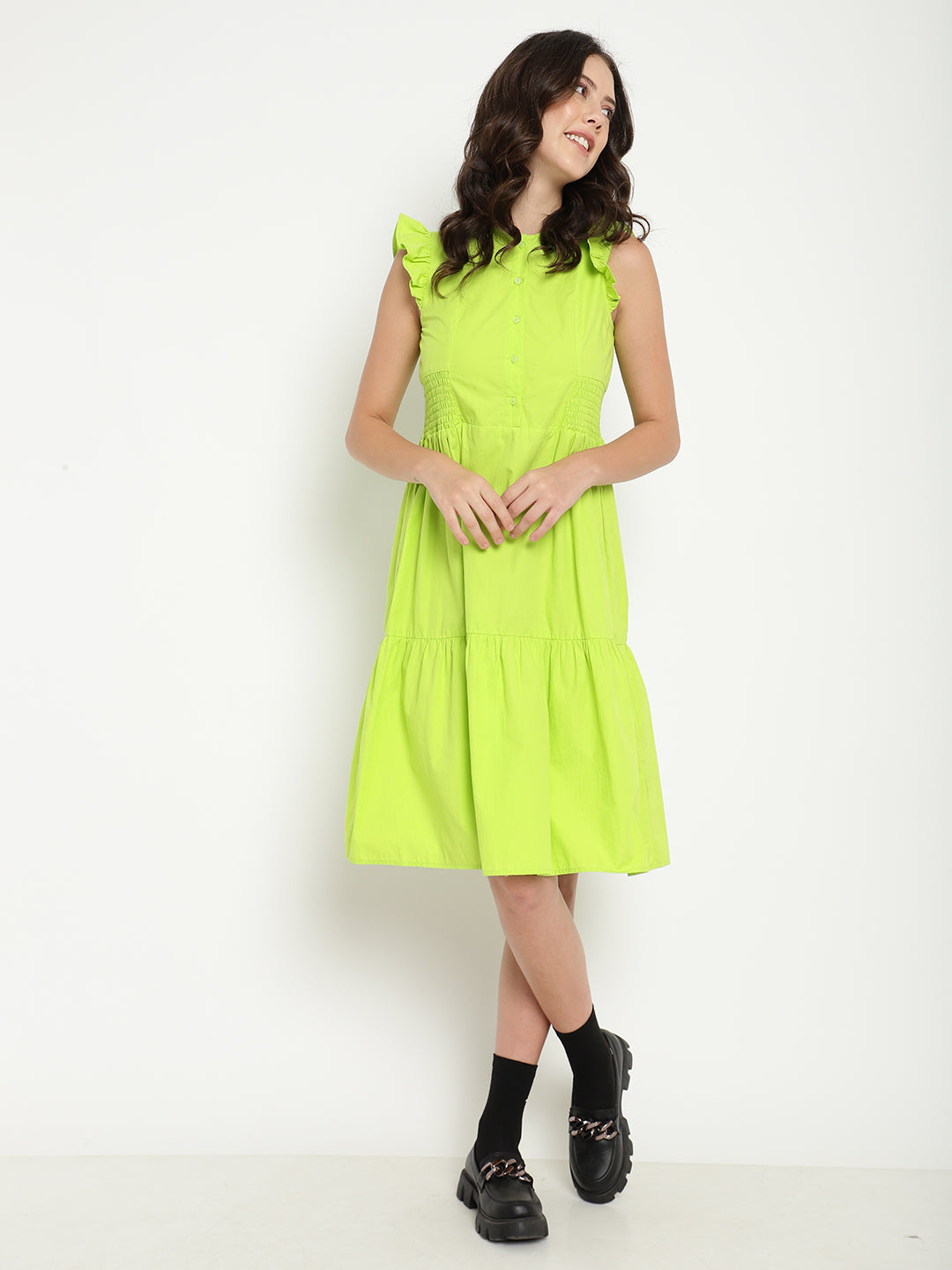 A-Line Solid Lime Green Dress in Cotton Poplin Beatnik India