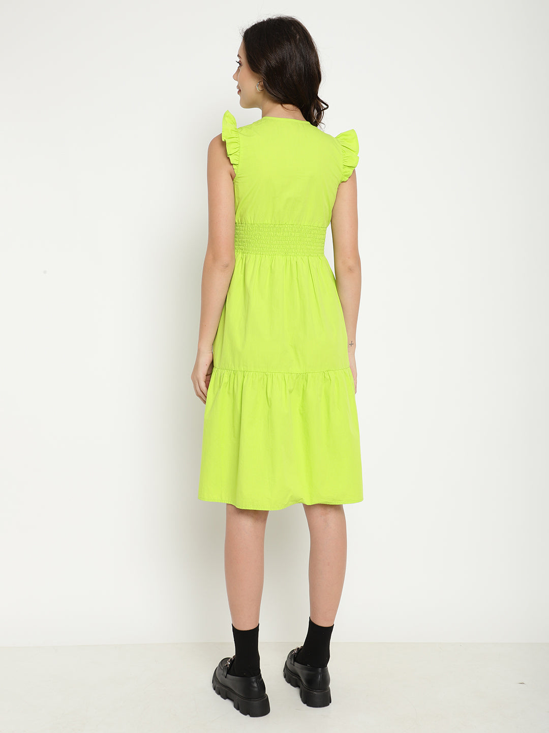 A-Line Solid Lime Green Dress in Cotton Poplin Beatnik India
