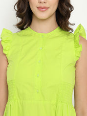 A-Line Solid Lime Green Dress in Cotton Poplin Beatnik India