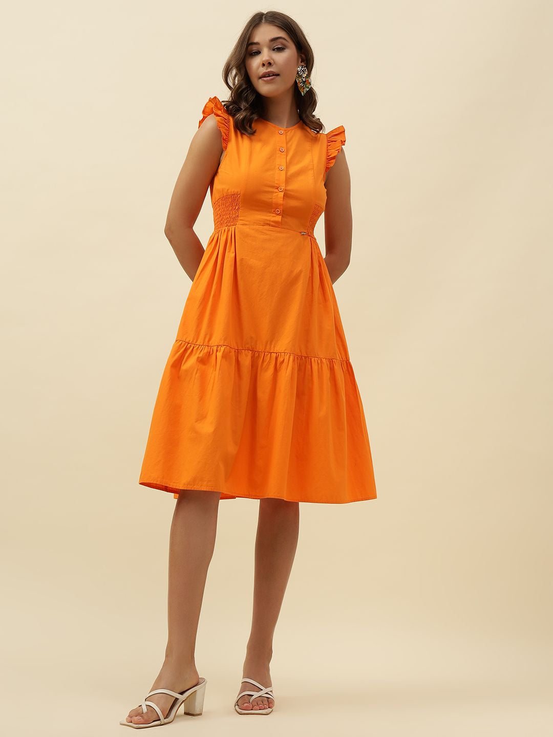 Orange A-line Round Neck Dress Beatnik