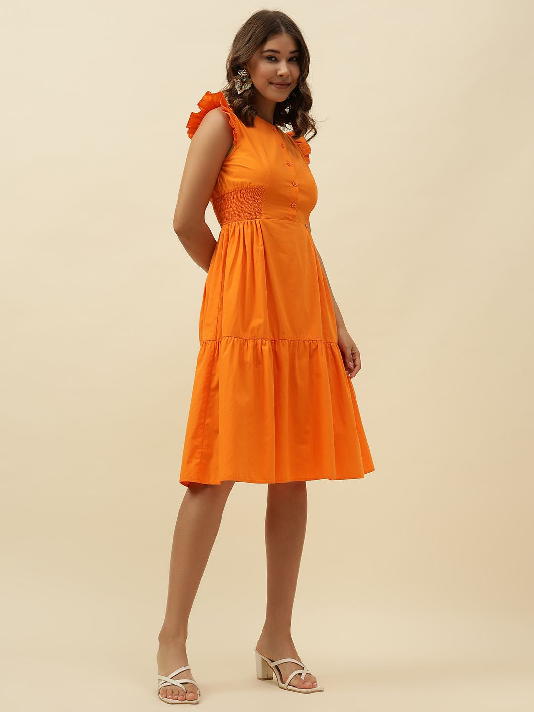 Orange A-line Round Neck Dress Beatnik