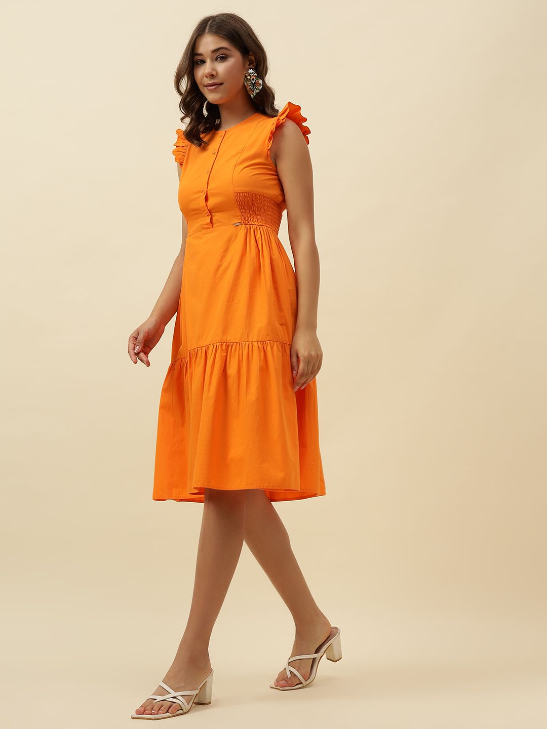 Orange A-line Round Neck Dress Beatnik