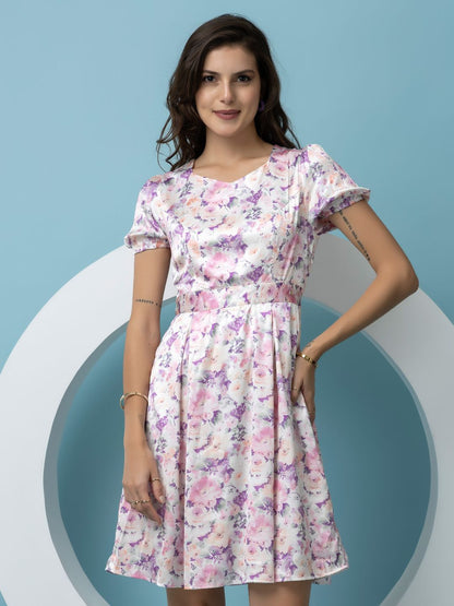 Floral Print Satin Mini Dress with Puff Sleeves Beatnik India